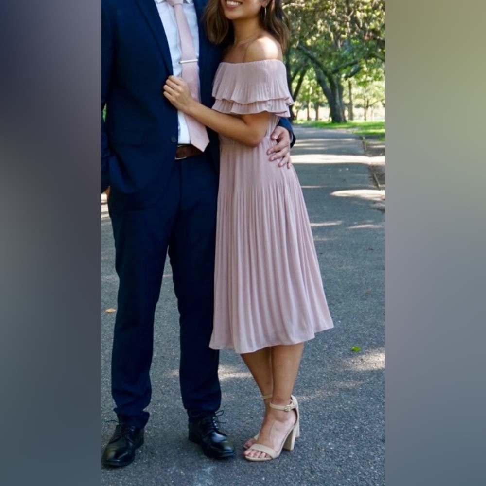 Mauve off the shoulder wedding guest dress